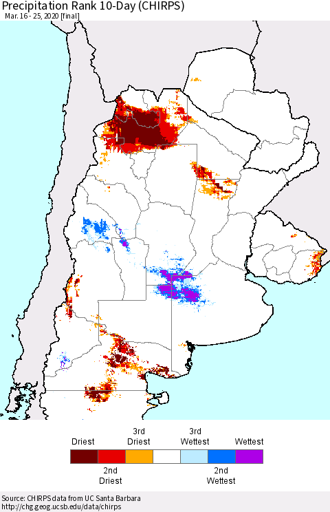 Southern South America Precipitation Rank since 1981, 10-Day (CHIRPS) Thematic Map For 3/16/2020 - 3/25/2020
