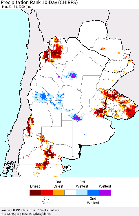 Southern South America Precipitation Rank since 1981, 10-Day (CHIRPS) Thematic Map For 3/21/2020 - 3/31/2020