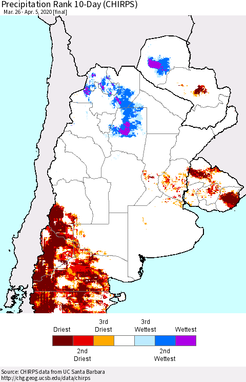 Southern South America Precipitation Rank since 1981, 10-Day (CHIRPS) Thematic Map For 3/26/2020 - 4/5/2020