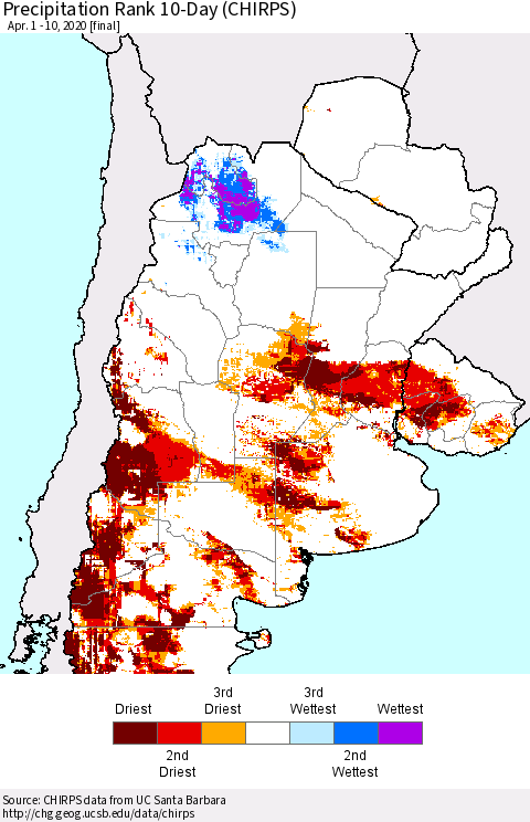 Southern South America Precipitation Rank since 1981, 10-Day (CHIRPS) Thematic Map For 4/1/2020 - 4/10/2020