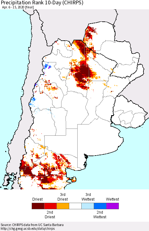 Southern South America Precipitation Rank since 1981, 10-Day (CHIRPS) Thematic Map For 4/6/2020 - 4/15/2020