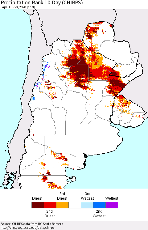 Southern South America Precipitation Rank since 1981, 10-Day (CHIRPS) Thematic Map For 4/11/2020 - 4/20/2020