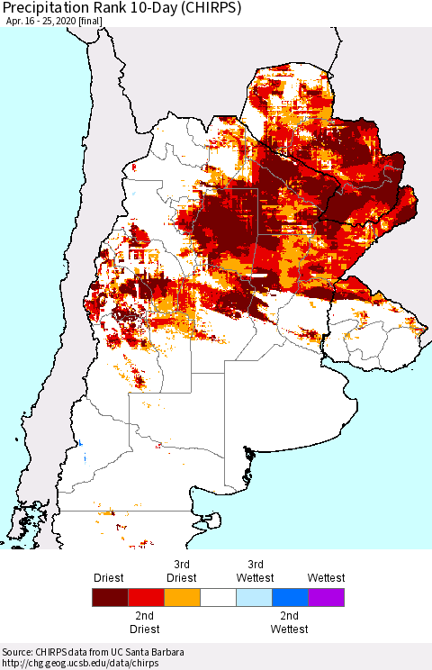 Southern South America Precipitation Rank since 1981, 10-Day (CHIRPS) Thematic Map For 4/16/2020 - 4/25/2020