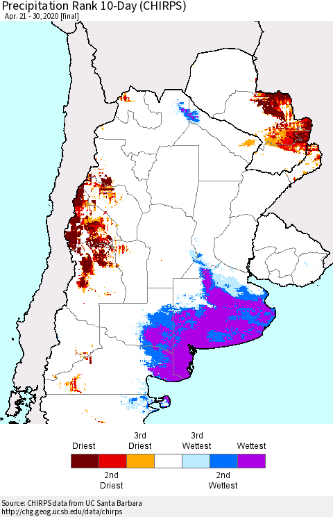 Southern South America Precipitation Rank since 1981, 10-Day (CHIRPS) Thematic Map For 4/21/2020 - 4/30/2020