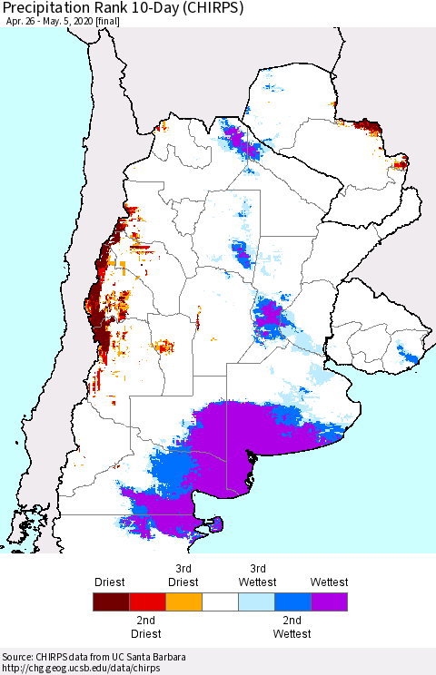 Southern South America Precipitation Rank since 1981, 10-Day (CHIRPS) Thematic Map For 4/26/2020 - 5/5/2020