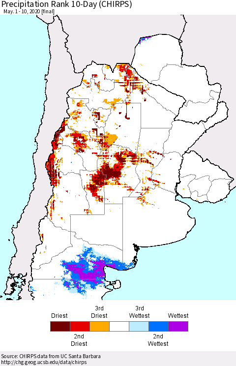 Southern South America Precipitation Rank since 1981, 10-Day (CHIRPS) Thematic Map For 5/1/2020 - 5/10/2020