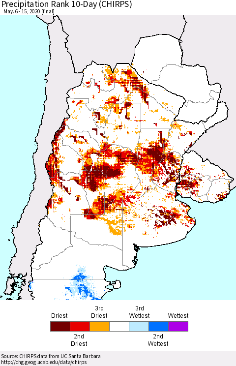 Southern South America Precipitation Rank since 1981, 10-Day (CHIRPS) Thematic Map For 5/6/2020 - 5/15/2020