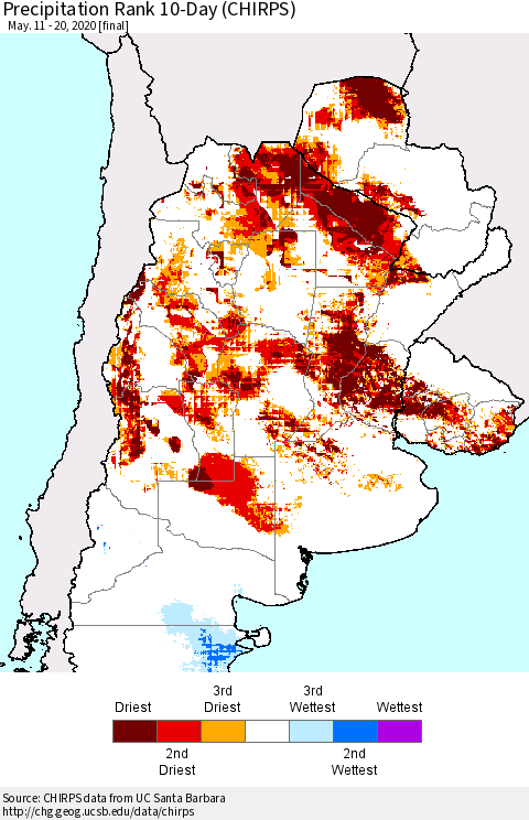 Southern South America Precipitation Rank since 1981, 10-Day (CHIRPS) Thematic Map For 5/11/2020 - 5/20/2020