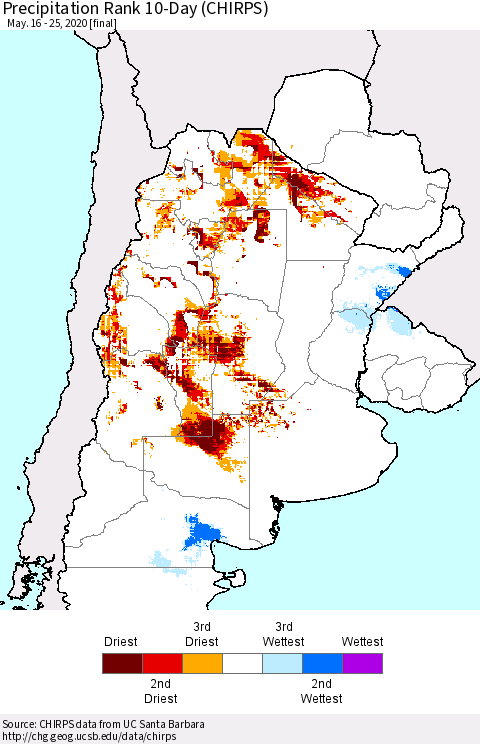 Southern South America Precipitation Rank since 1981, 10-Day (CHIRPS) Thematic Map For 5/16/2020 - 5/25/2020