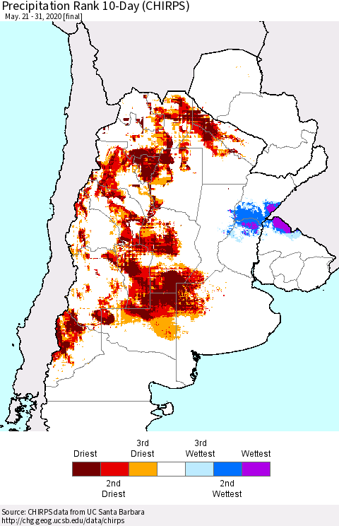 Southern South America Precipitation Rank since 1981, 10-Day (CHIRPS) Thematic Map For 5/21/2020 - 5/31/2020