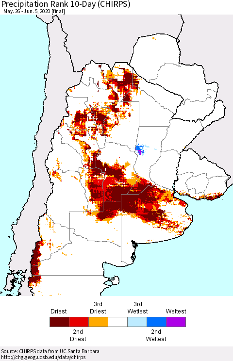 Southern South America Precipitation Rank since 1981, 10-Day (CHIRPS) Thematic Map For 5/26/2020 - 6/5/2020