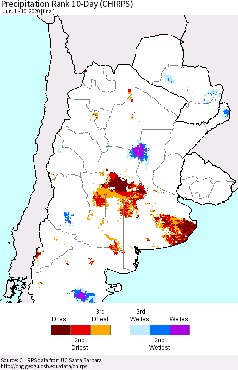 Southern South America Precipitation Rank since 1981, 10-Day (CHIRPS) Thematic Map For 6/1/2020 - 6/10/2020