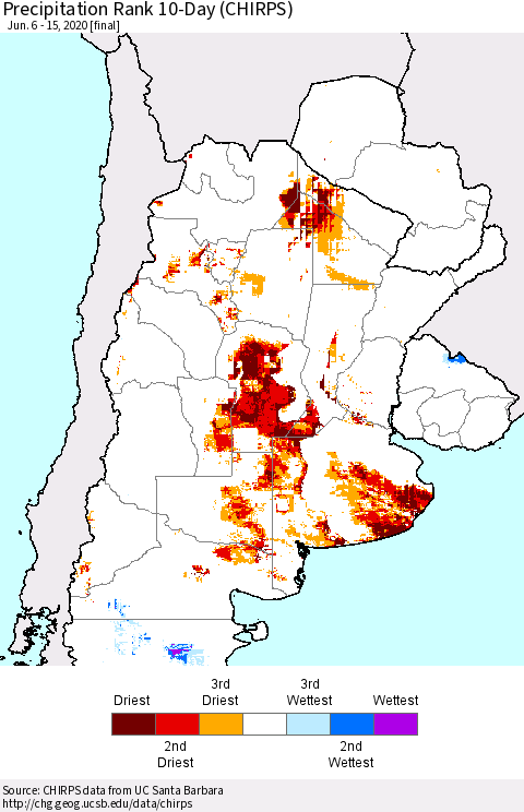 Southern South America Precipitation Rank since 1981, 10-Day (CHIRPS) Thematic Map For 6/6/2020 - 6/15/2020