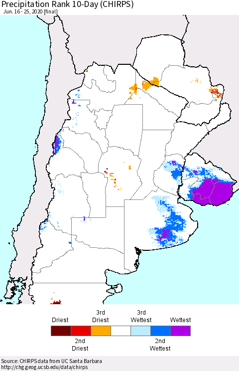 Southern South America Precipitation Rank since 1981, 10-Day (CHIRPS) Thematic Map For 6/16/2020 - 6/25/2020