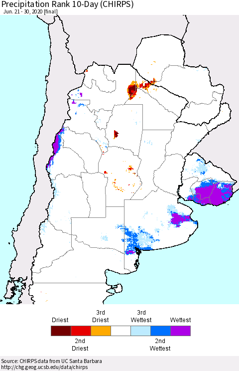 Southern South America Precipitation Rank since 1981, 10-Day (CHIRPS) Thematic Map For 6/21/2020 - 6/30/2020