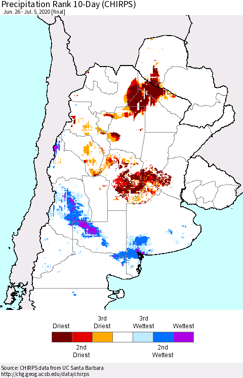 Southern South America Precipitation Rank since 1981, 10-Day (CHIRPS) Thematic Map For 6/26/2020 - 7/5/2020