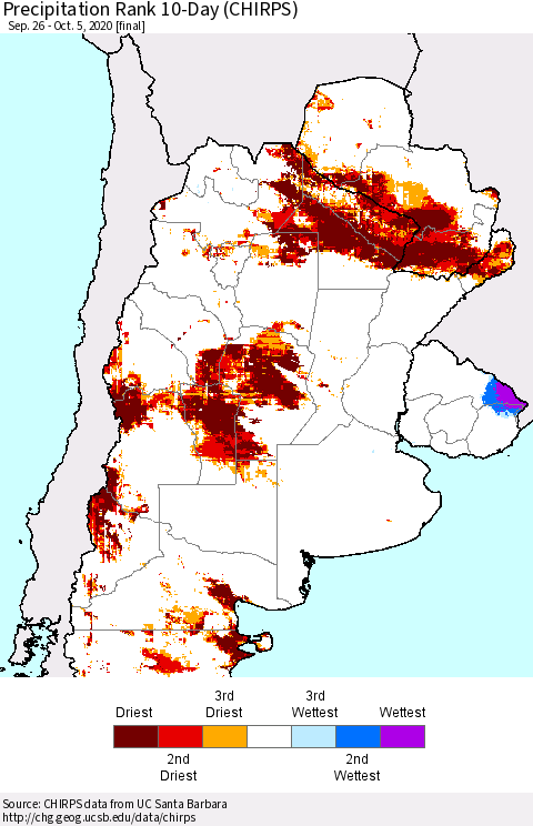 Southern South America Precipitation Rank since 1981, 10-Day (CHIRPS) Thematic Map For 9/26/2020 - 10/5/2020