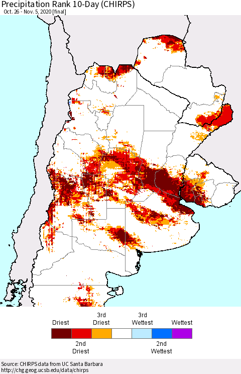 Southern South America Precipitation Rank since 1981, 10-Day (CHIRPS) Thematic Map For 10/26/2020 - 11/5/2020