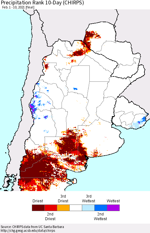 Southern South America Precipitation Rank since 1981, 10-Day (CHIRPS) Thematic Map For 2/1/2021 - 2/10/2021