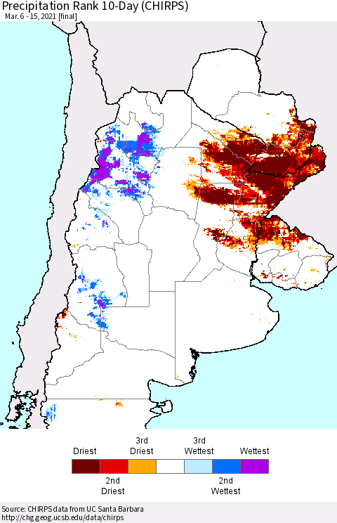 Southern South America Precipitation Rank since 1981, 10-Day (CHIRPS) Thematic Map For 3/6/2021 - 3/15/2021