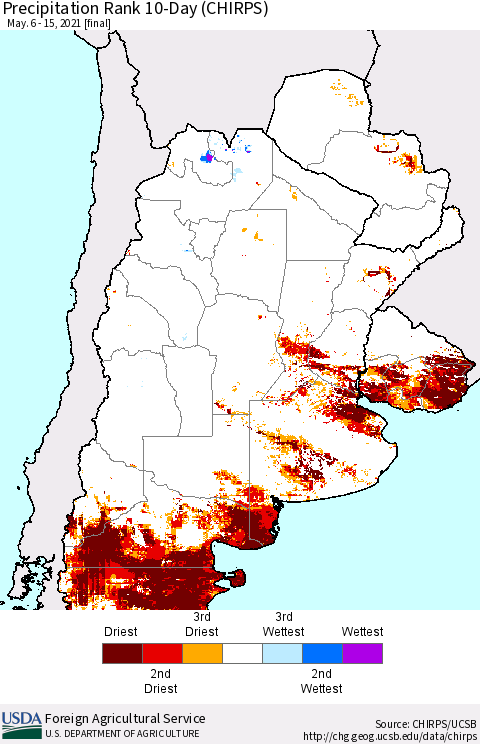 Southern South America Precipitation Rank since 1981, 10-Day (CHIRPS) Thematic Map For 5/6/2021 - 5/15/2021