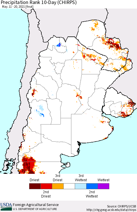 Southern South America Precipitation Rank 10-Day (CHIRPS) Thematic Map For 5/11/2021 - 5/20/2021