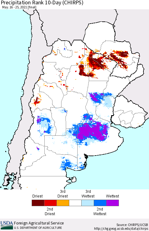 Southern South America Precipitation Rank 10-Day (CHIRPS) Thematic Map For 5/16/2021 - 5/25/2021