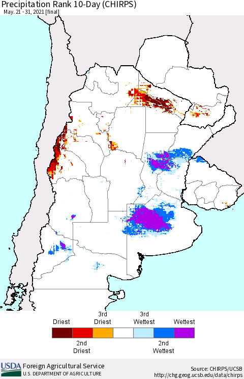 Southern South America Precipitation Rank since 1981, 10-Day (CHIRPS) Thematic Map For 5/21/2021 - 5/31/2021
