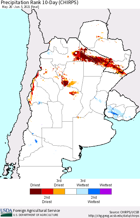 Southern South America Precipitation Rank 10-Day (CHIRPS) Thematic Map For 5/26/2021 - 6/5/2021