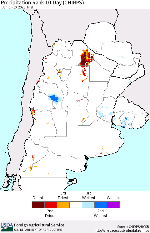 Southern South America Precipitation Rank since 1981, 10-Day (CHIRPS) Thematic Map For 6/1/2021 - 6/10/2021