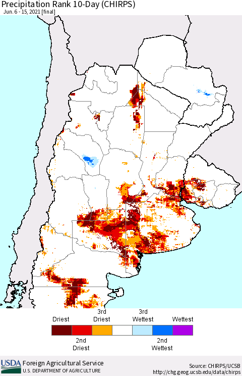 Southern South America Precipitation Rank 10-Day (CHIRPS) Thematic Map For 6/6/2021 - 6/15/2021