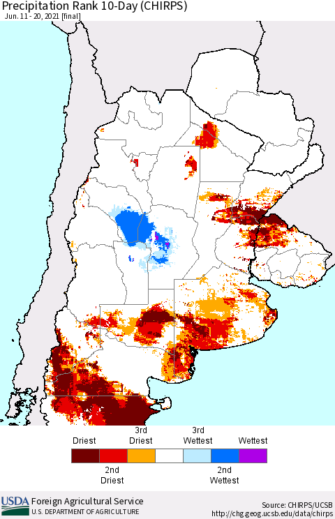 Southern South America Precipitation Rank 10-Day (CHIRPS) Thematic Map For 6/11/2021 - 6/20/2021