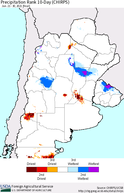 Southern South America Precipitation Rank since 1981, 10-Day (CHIRPS) Thematic Map For 6/21/2021 - 6/30/2021