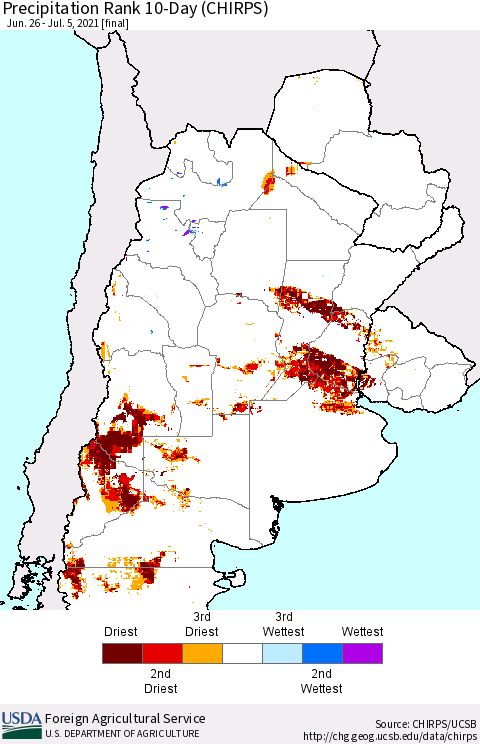 Southern South America Precipitation Rank since 1981, 10-Day (CHIRPS) Thematic Map For 6/26/2021 - 7/5/2021