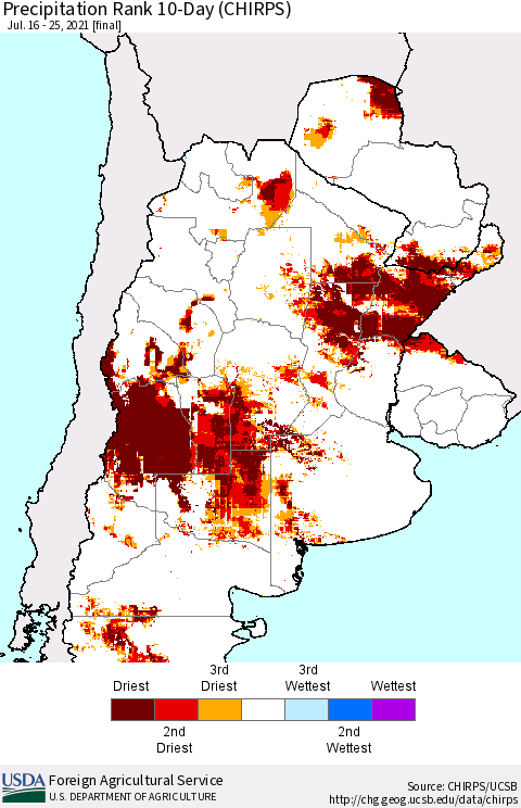 Southern South America Precipitation Rank 10-Day (CHIRPS) Thematic Map For 7/16/2021 - 7/25/2021