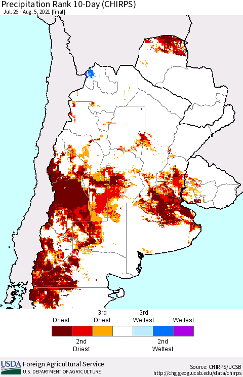 Southern South America Precipitation Rank 10-Day (CHIRPS) Thematic Map For 7/26/2021 - 8/5/2021