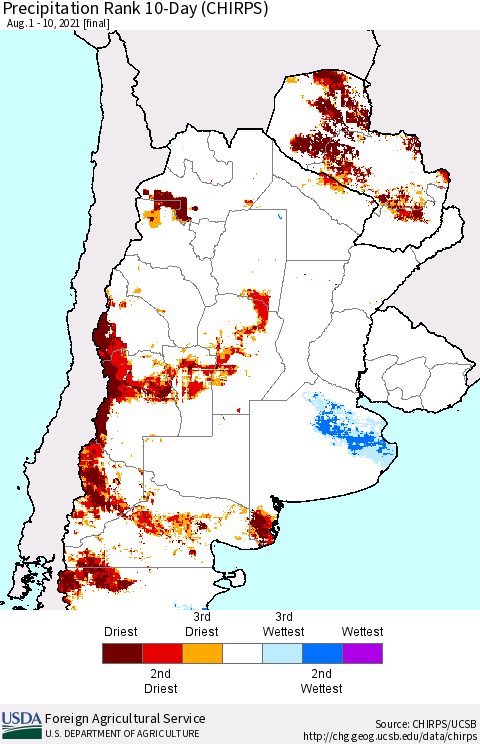 Southern South America Precipitation Rank 10-Day (CHIRPS) Thematic Map For 8/1/2021 - 8/10/2021