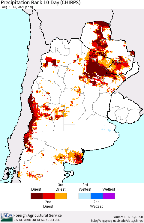 Southern South America Precipitation Rank 10-Day (CHIRPS) Thematic Map For 8/6/2021 - 8/15/2021