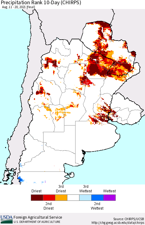 Southern South America Precipitation Rank 10-Day (CHIRPS) Thematic Map For 8/11/2021 - 8/20/2021