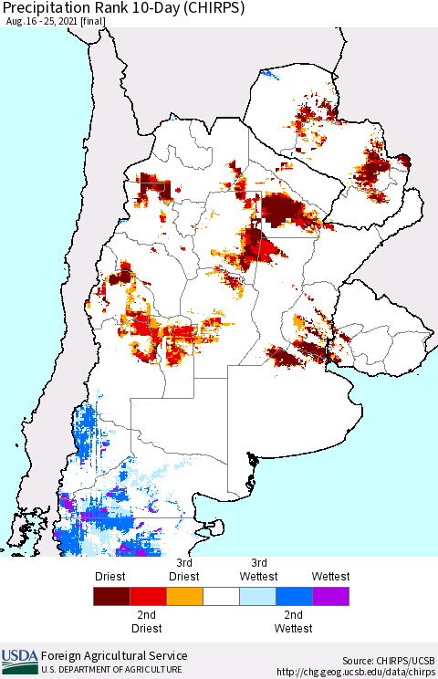 Southern South America Precipitation Rank since 1981, 10-Day (CHIRPS) Thematic Map For 8/16/2021 - 8/25/2021