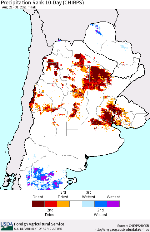 Southern South America Precipitation Rank 10-Day (CHIRPS) Thematic Map For 8/21/2021 - 8/31/2021