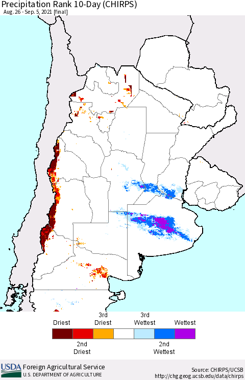 Southern South America Precipitation Rank 10-Day (CHIRPS) Thematic Map For 8/26/2021 - 9/5/2021