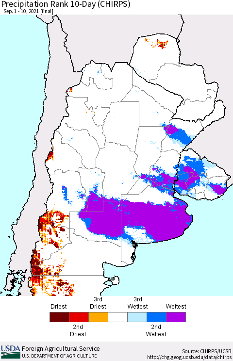 Southern South America Precipitation Rank 10-Day (CHIRPS) Thematic Map For 9/1/2021 - 9/10/2021