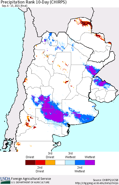 Southern South America Precipitation Rank 10-Day (CHIRPS) Thematic Map For 9/6/2021 - 9/15/2021