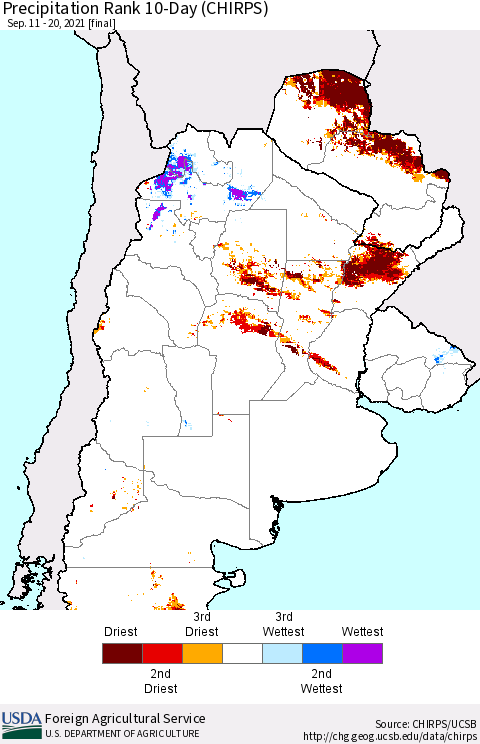 Southern South America Precipitation Rank since 1981, 10-Day (CHIRPS) Thematic Map For 9/11/2021 - 9/20/2021
