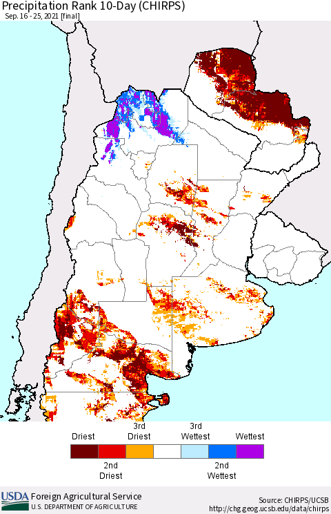 Southern South America Precipitation Rank 10-Day (CHIRPS) Thematic Map For 9/16/2021 - 9/25/2021