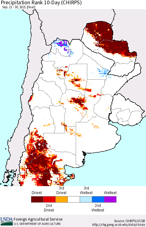Southern South America Precipitation Rank since 1981, 10-Day (CHIRPS) Thematic Map For 9/21/2021 - 9/30/2021