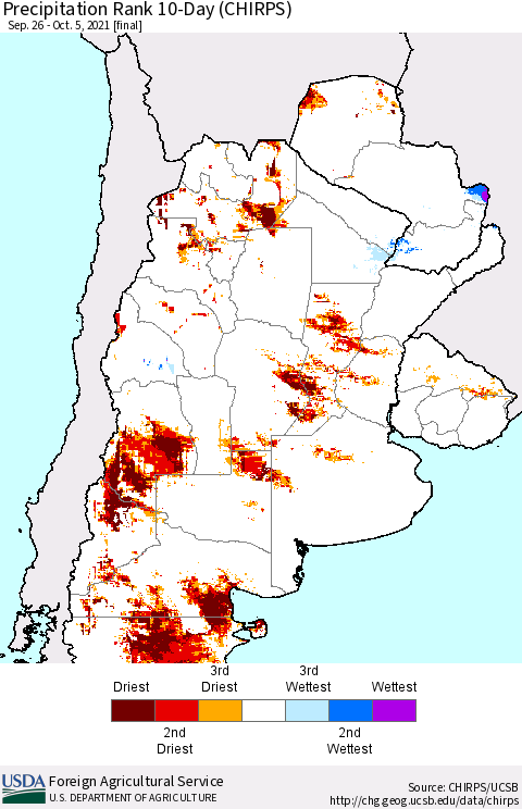 Southern South America Precipitation Rank 10-Day (CHIRPS) Thematic Map For 9/26/2021 - 10/5/2021