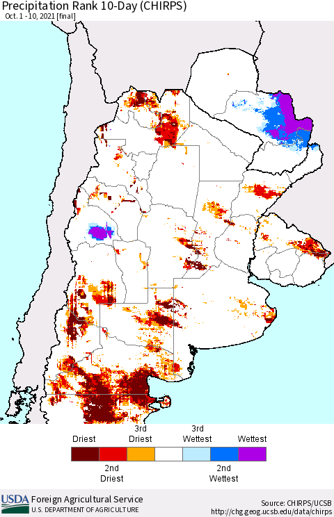 Southern South America Precipitation Rank 10-Day (CHIRPS) Thematic Map For 10/1/2021 - 10/10/2021