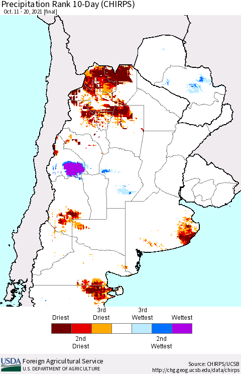 Southern South America Precipitation Rank since 1981, 10-Day (CHIRPS) Thematic Map For 10/11/2021 - 10/20/2021